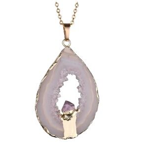 Agate & Amethyst Geode Necklace 17" Gold Tone Natural Stone Pendant